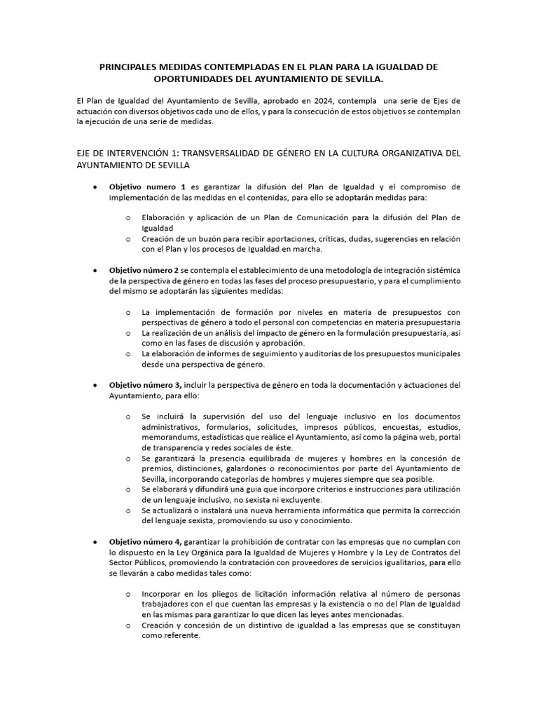 Medidas del Plan de Igualdad Sevilla 2024 | PDF | Igualdad de género ...
