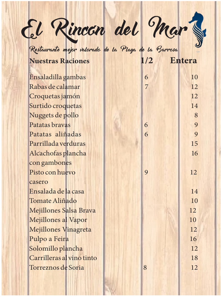 Menú del Restaurante El Rincón del Mar | PDF