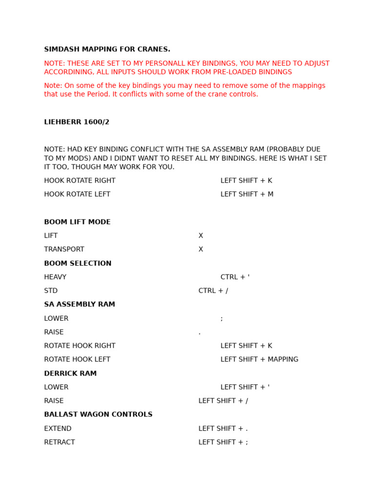 Crane Key Bindings Setup Guide | PDF | Crane (Machine) | Motor Vehicle