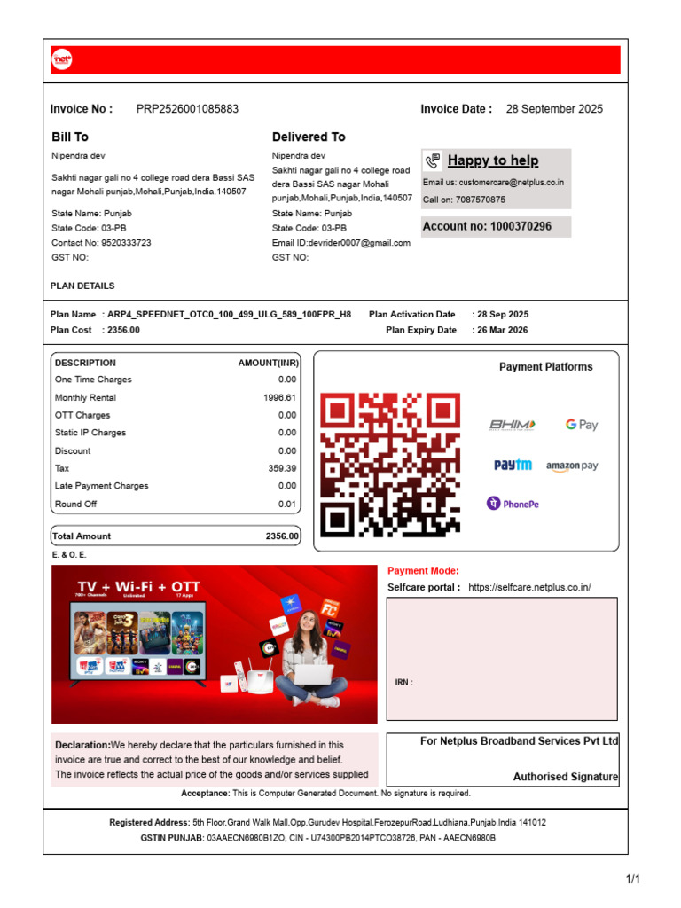 Invoice for Netplus Broadband Service | PDF | Invoice | Payments