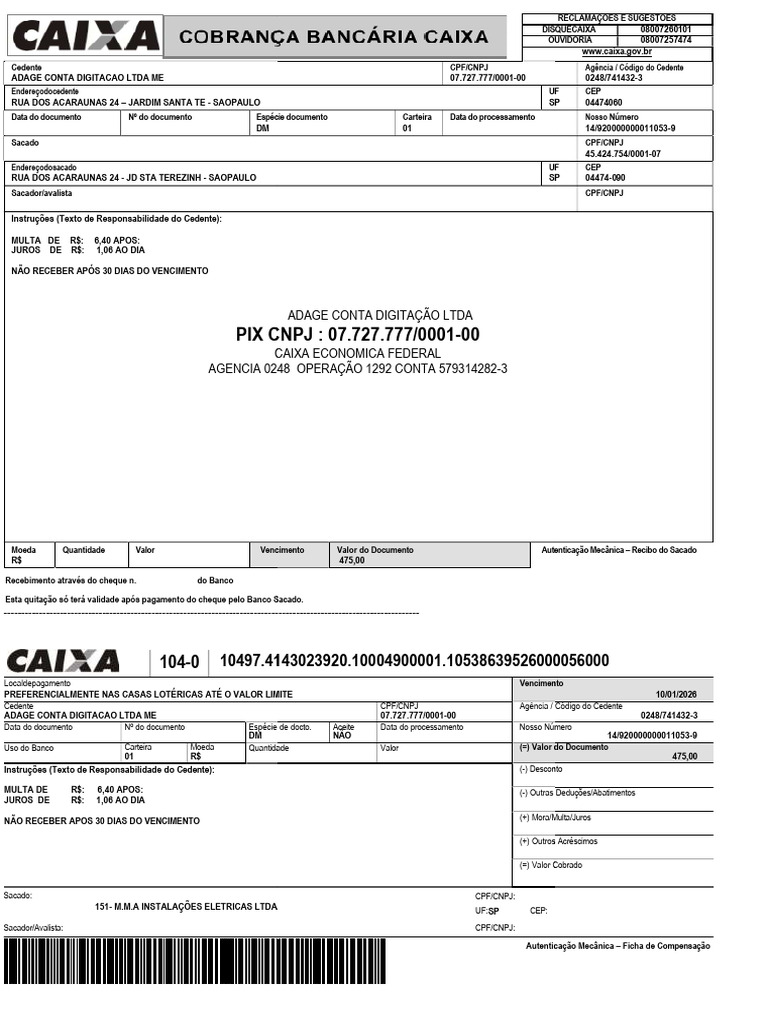 Documento de Cobrança - ADAGE LTDA | PDF | Finanças pessoais | Bancos