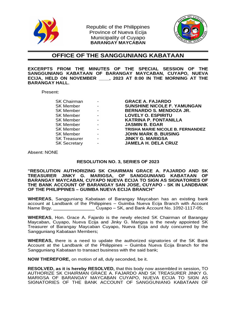 SK Resolution for Bank Signatories in Maycaban | PDF | Youth | Youth ...