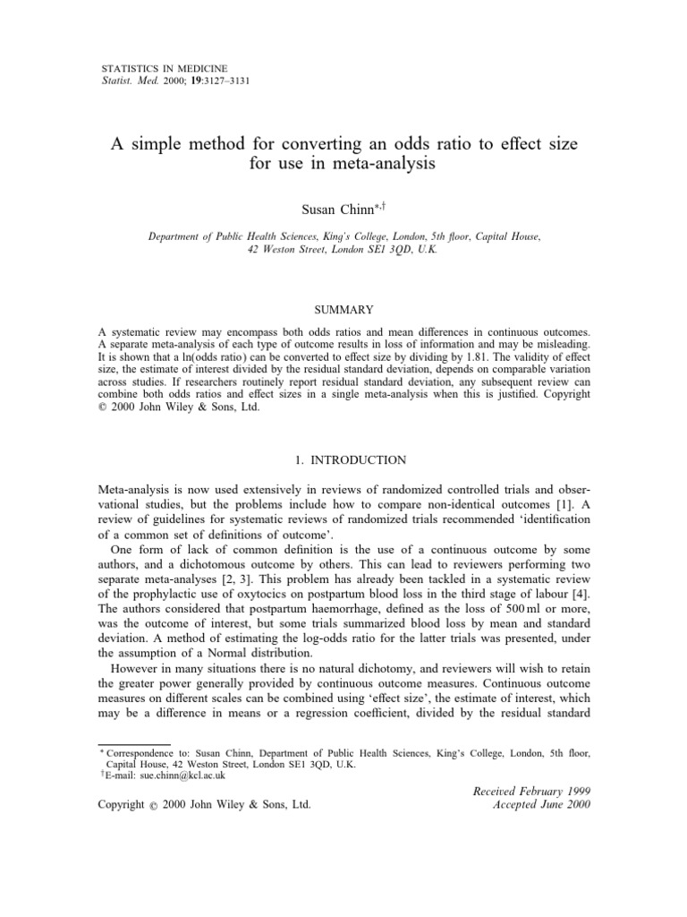 A simple method for converting an odds ratio to eect size for use in ...