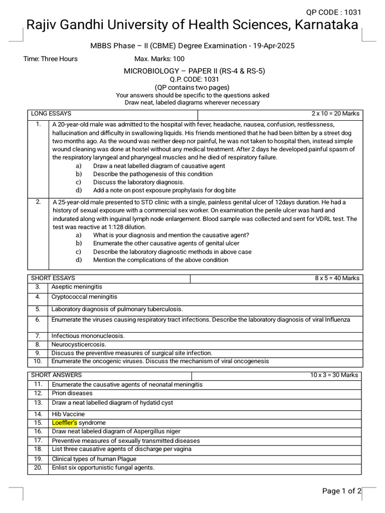 Microbiology Exam Paper - MBBS Phase II | PDF | Meningitis | Infection