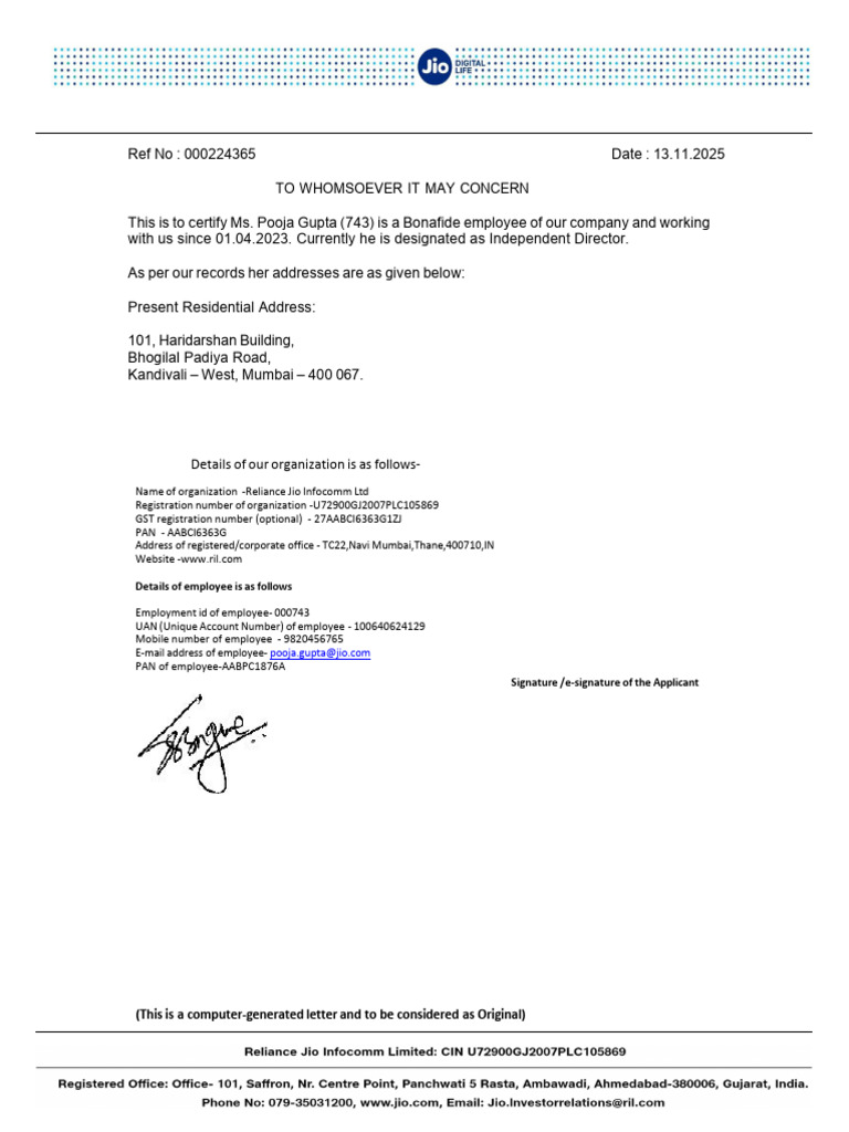 Pooja Gupta - Jio - Corporate Document | PDF