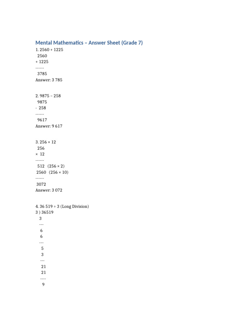 Grade 7 Mental Math Answer Key | PDF