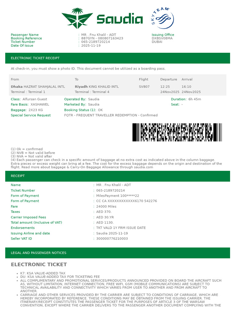 Saudia Flight Ticket Receipt for MR. Fnu Khalil | PDF