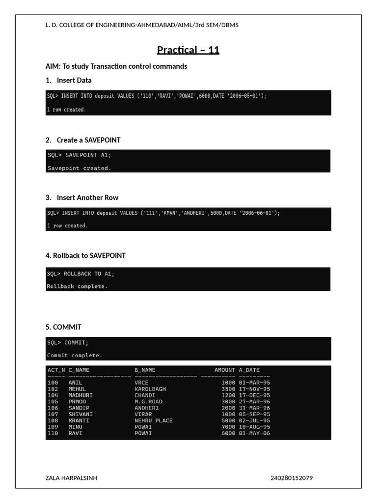 DBMS Transaction Control Commands Guide | PDF
