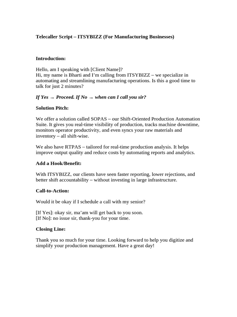 Telecaller Script for Manufacturing Solutions | PDF