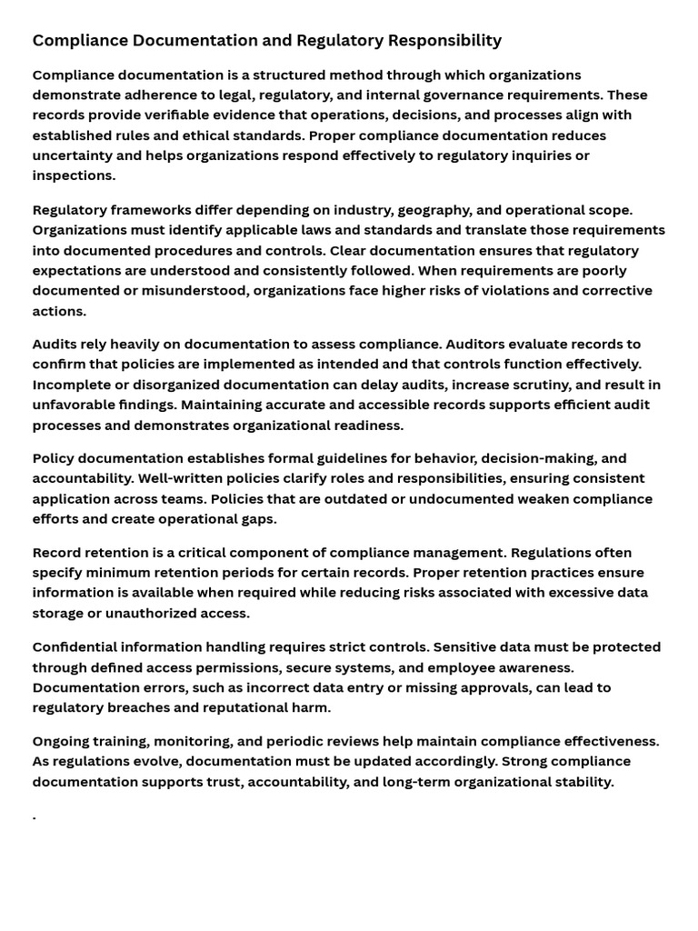 Compliance Documentation and Regulatory Responsibility | PDF ...