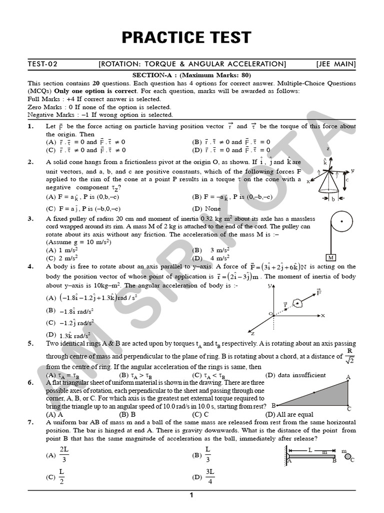 MCQs on Torque and Rotational Motion | PDF | Rotation Around A Fixed ...