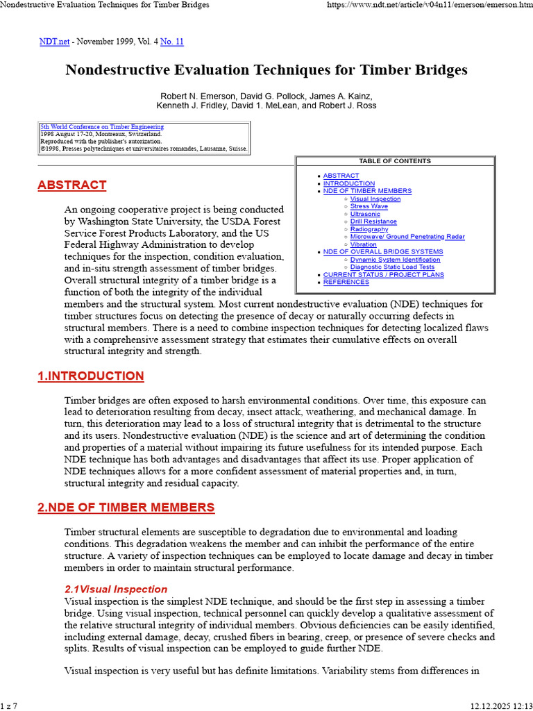 Nondestructive Evaluation of Timber Bridges | PDF | Radiography ...