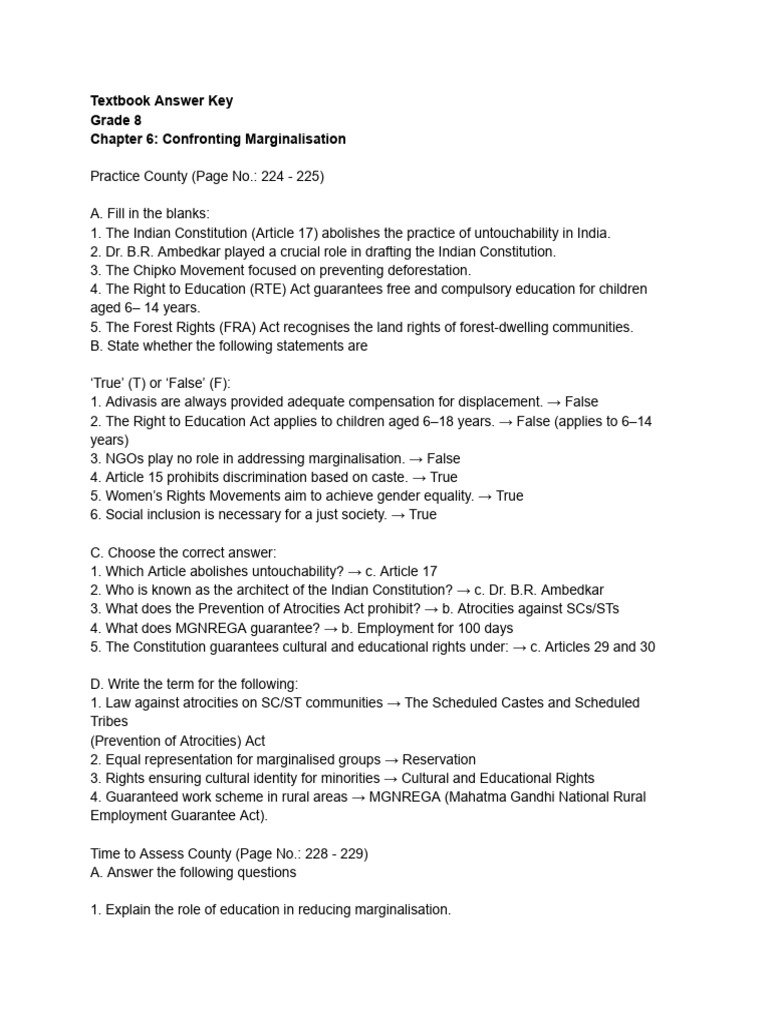 Grade 8 Chapter 6 Answer Key: Marginalisation | PDF | Social Policy ...