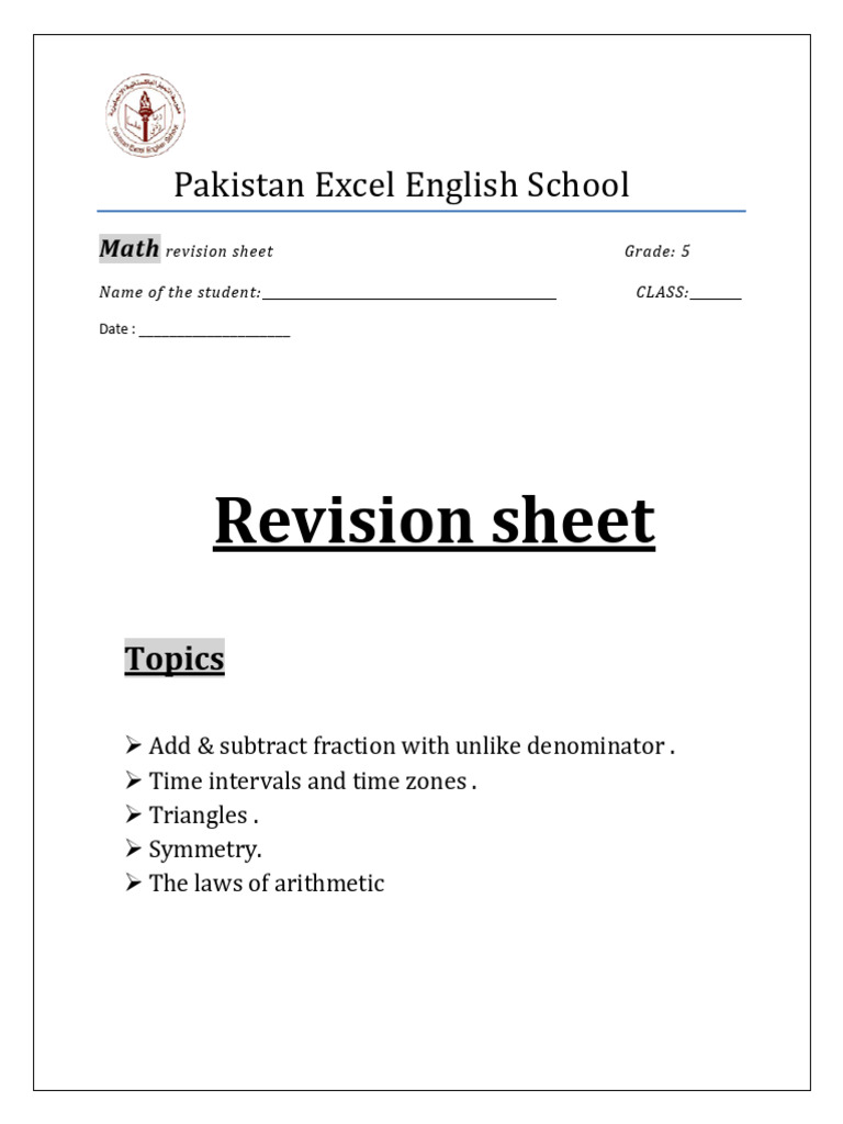 Grade 5 Math Revision Sheet | PDF | Mathematics | Arithmetic