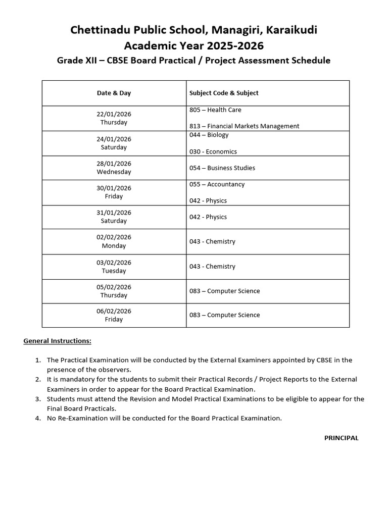CBSE Grade XII Practical Exam Schedule 2025-26 | PDF