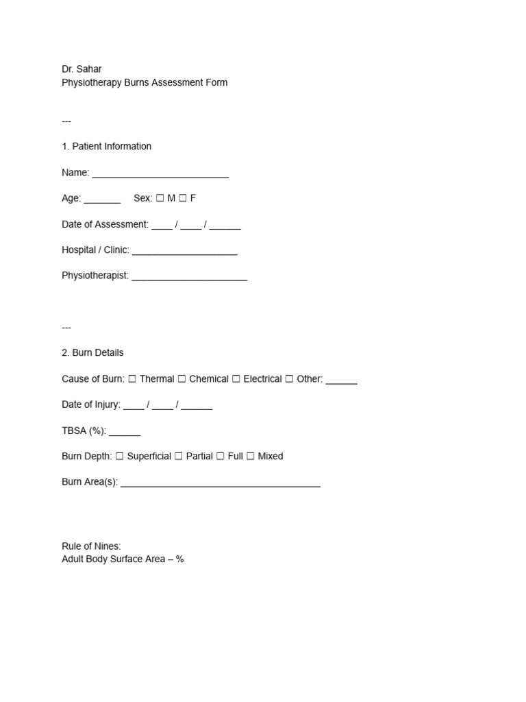 Burns Physiotherapy Assessment Form | PDF | Burn | Diseases And Disorders