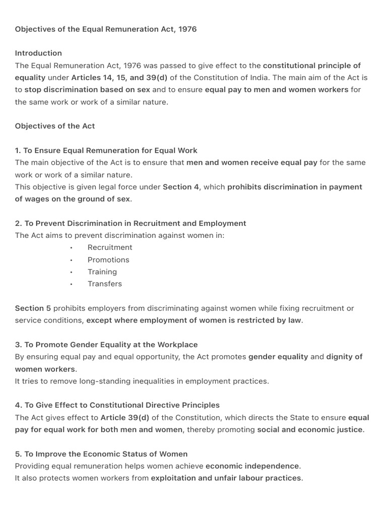 Equal Remuneration Act 1976 Objectives | PDF | Equal Pay For Equal Work ...
