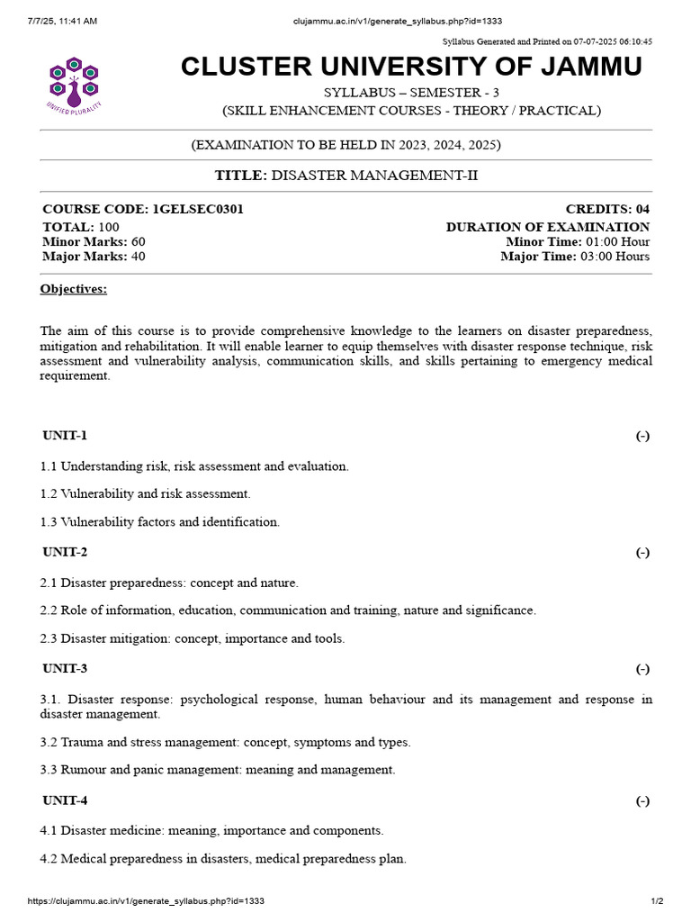 Disaster Management II Syllabus | PDF | Emergency Management | Risk