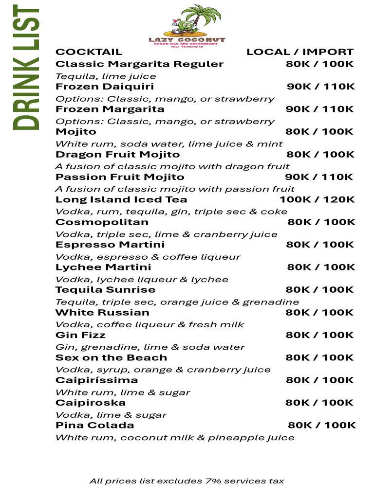 Comprehensive Drink Menu Options | PDF | Drink | Bartending