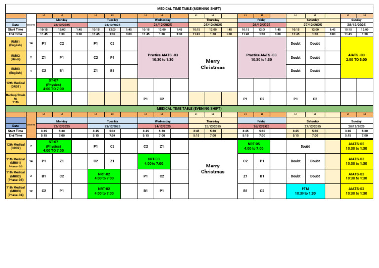 Medical Time Table - 22 Dec to 28 Dec | PDF