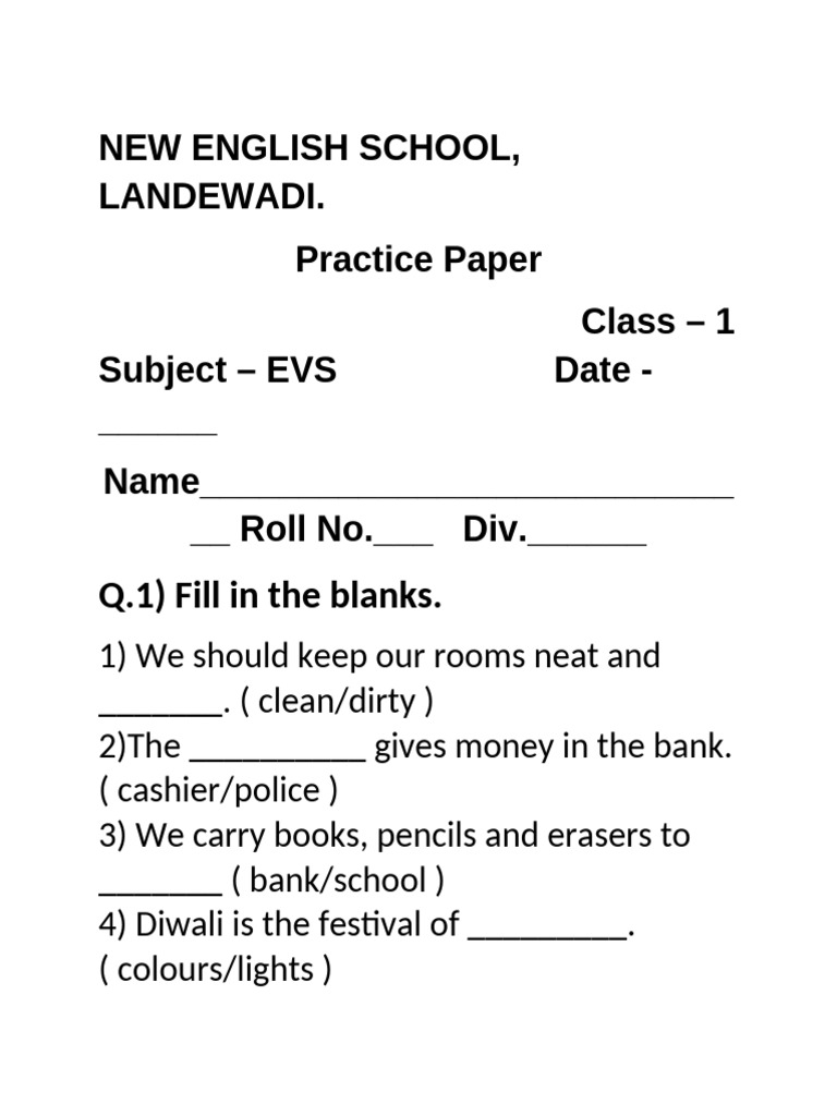 Class 1 EVS Practice Paper Guide | PDF
