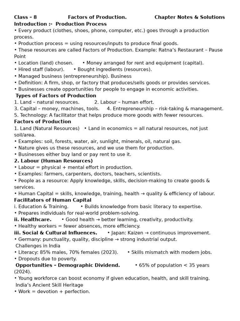 Factors of Production: Chapter Notes & Solutions | PDF | Factors Of ...