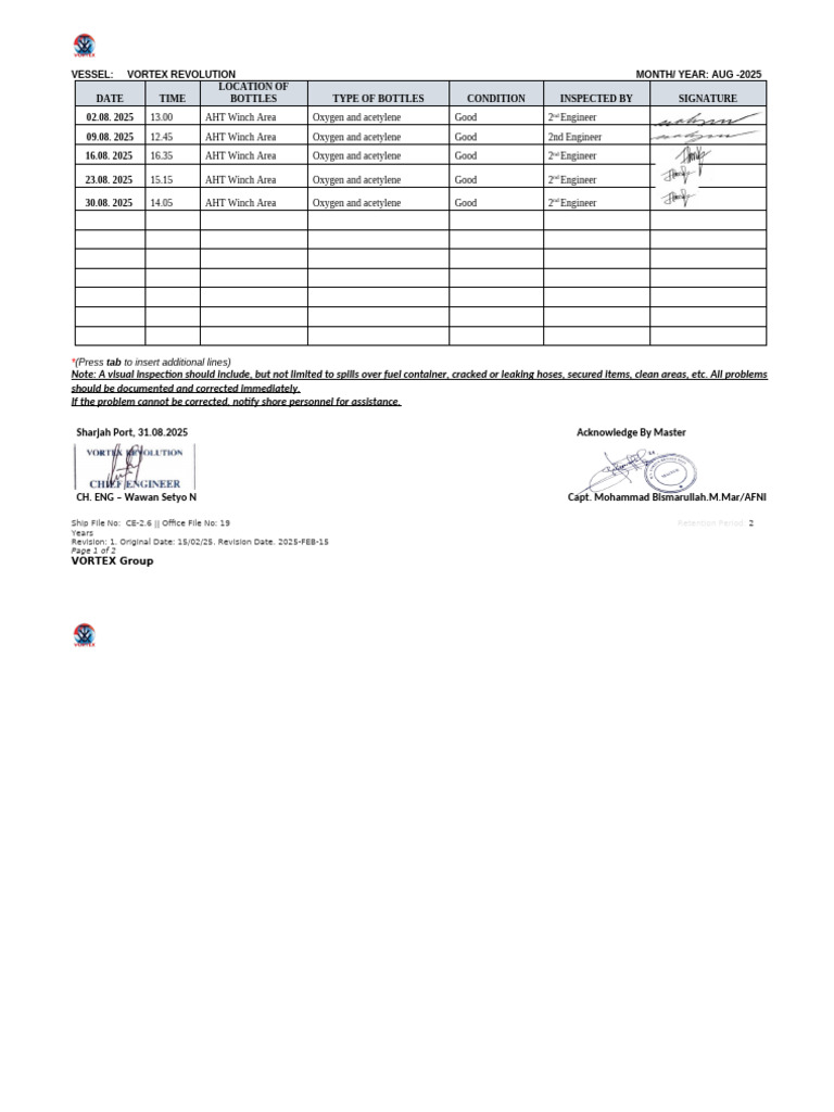 PMS 16 FM Oxygen Acetylene Inspection Register | PDF