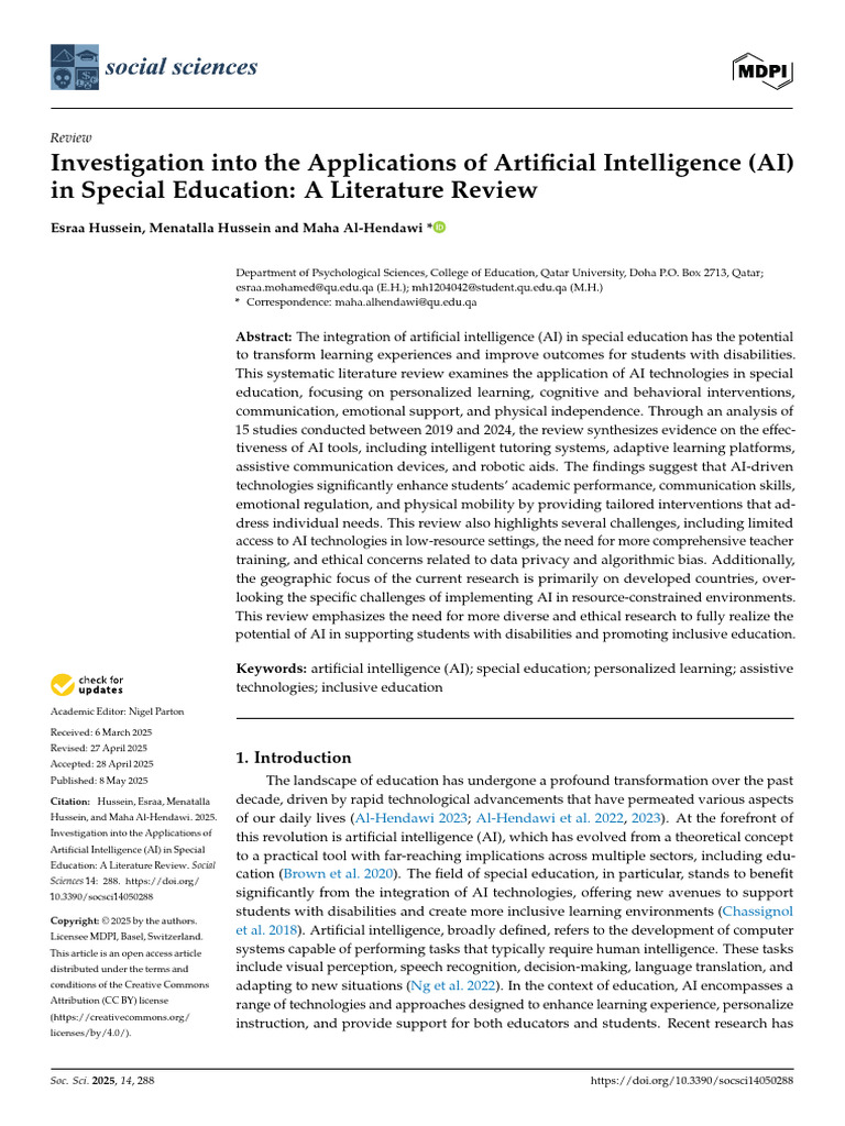 AI Applications in Special Education Review | PDF | Artificial ...