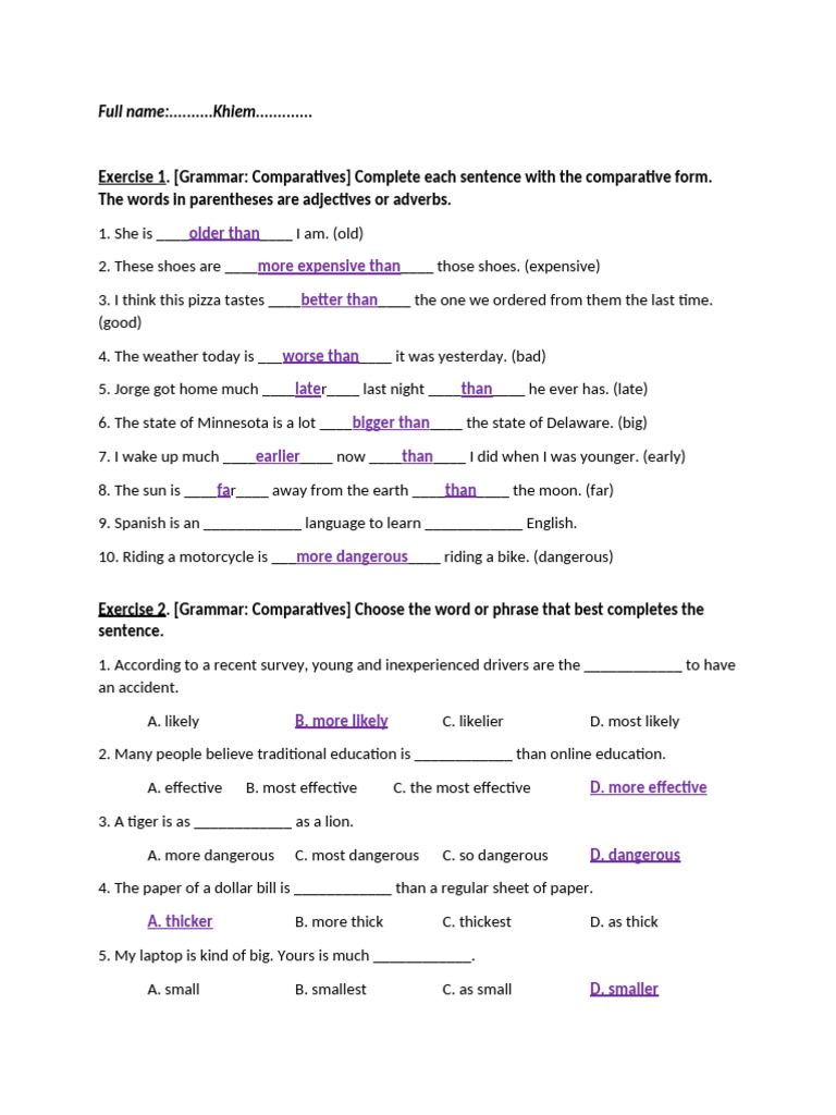 Grammar Exercises on Comparatives and Synonyms | PDF | Fermentation In ...