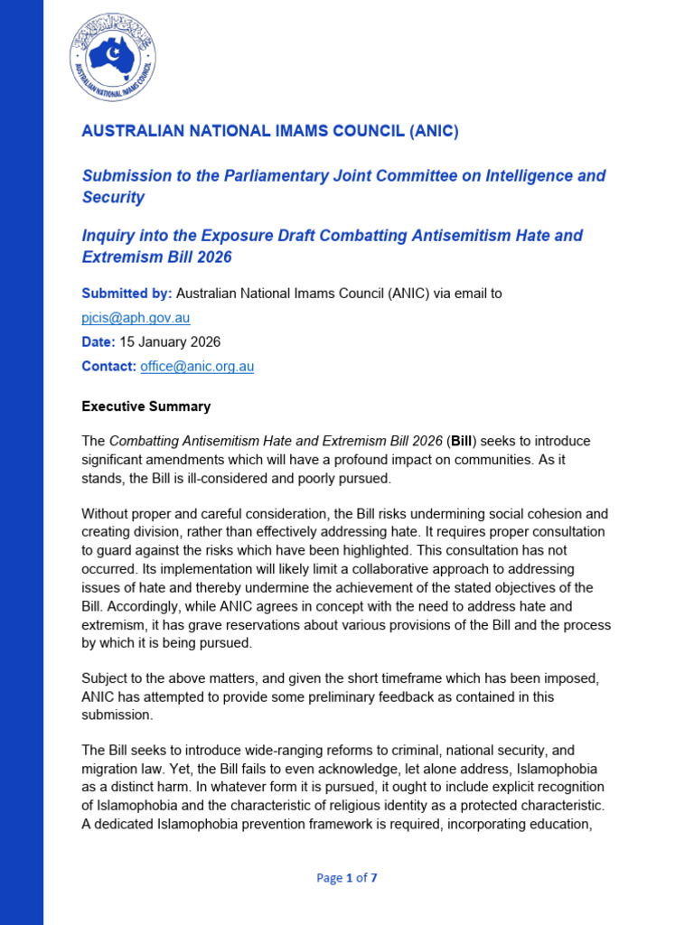 ANIC Submission on Antisemitism Bill 2026 | PDF | Defamation | Islamophobia