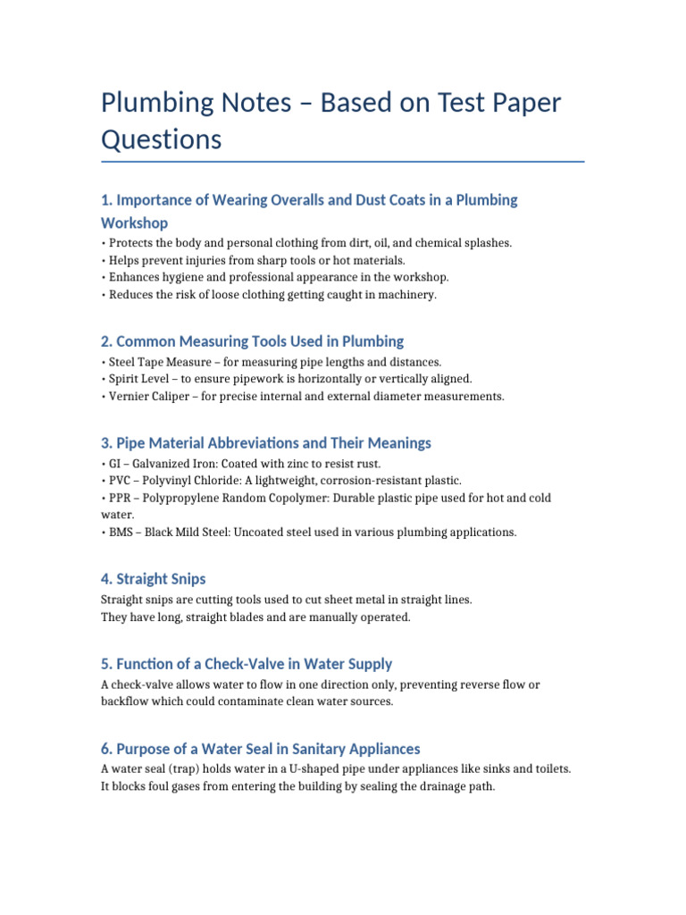 Essential Plumbing Workshop Notes | PDF