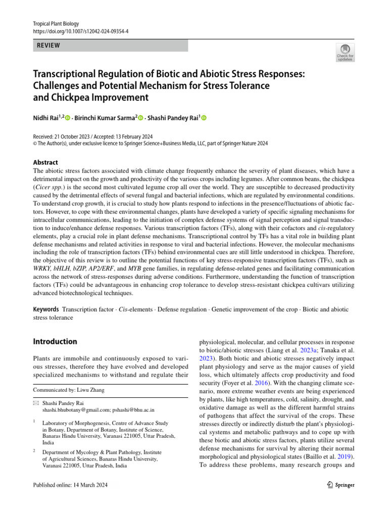 Transcriptional Regulation of Biotic and Abiotic Stress Responses ...