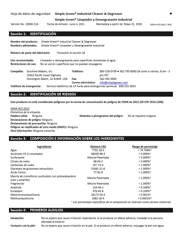 Hoja de Seguridad: Simple Green® Limpiador | PDF | Toxicidad ...
