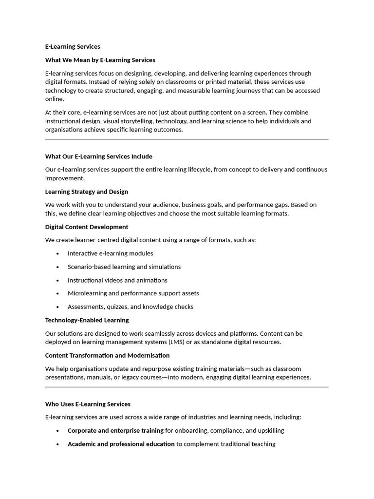 Comprehensive E-Learning Services Overview | PDF | Educational ...