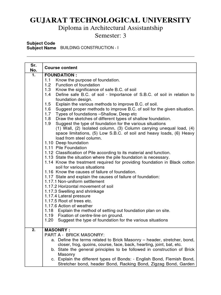 Building Construction I Course Outline | PDF | Masonry | Foundation ...