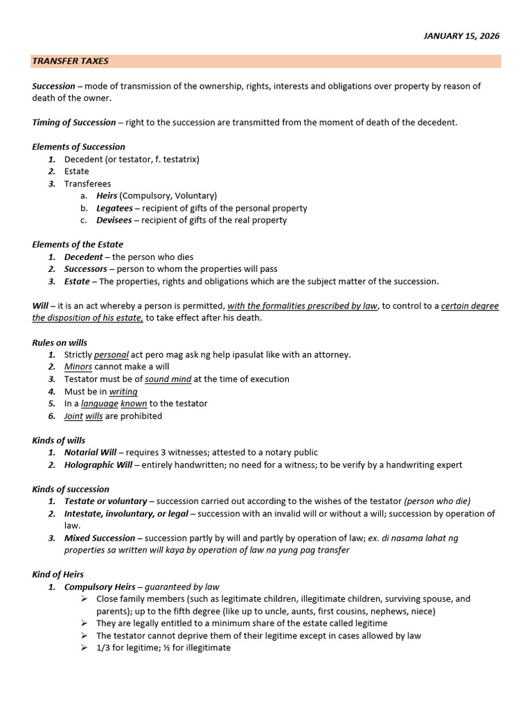 Taxation Notes - January 15 2026 | PDF | Will And Testament | Inheritance