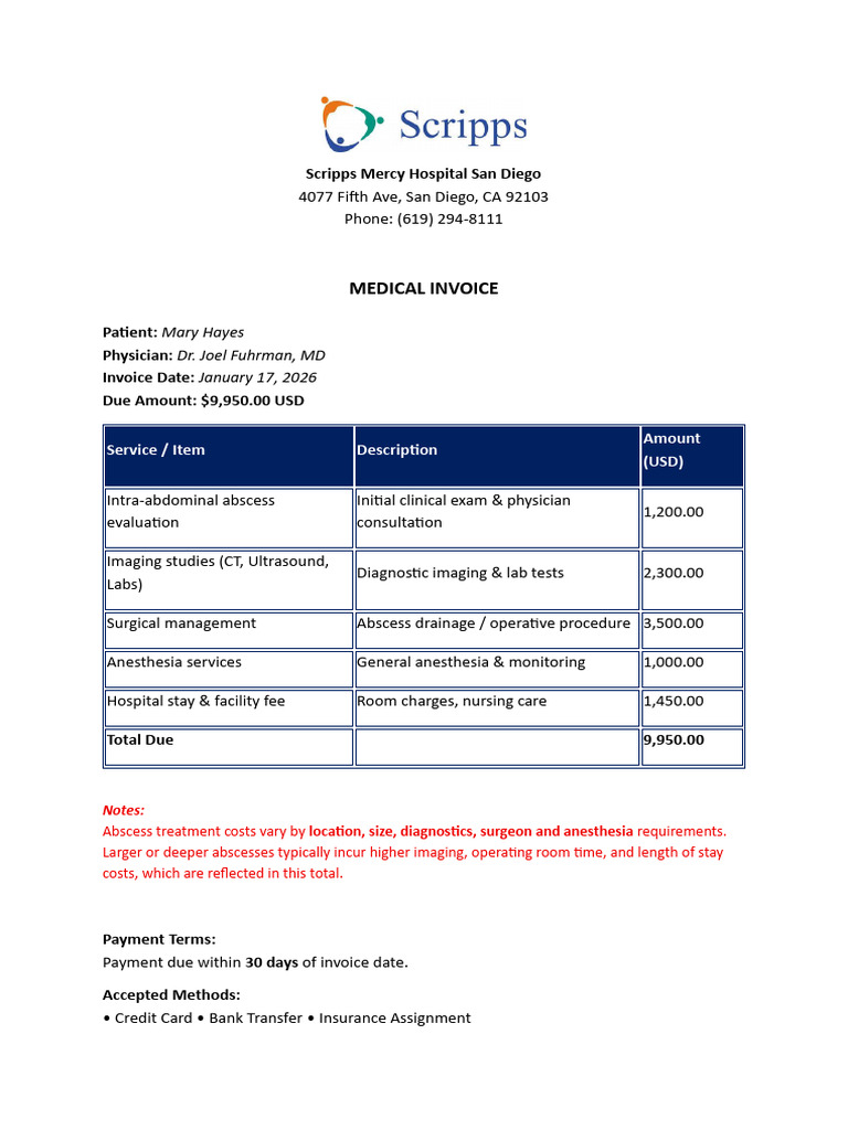Medical Invoice for Abscess Treatment | PDF