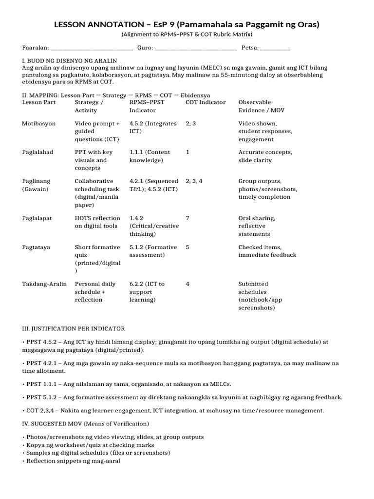Lesson Annotation EsP9 RPMS COT | PDF