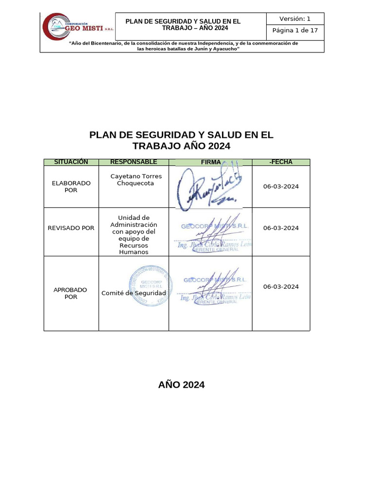 Plan de Seguridad y Salud 2024 | PDF | Seguridad y salud ocupacional ...