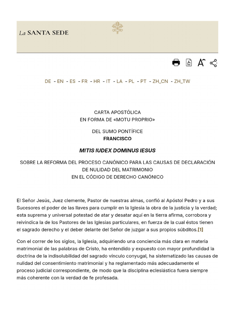 Papa Francesco Motu Proprio 20150815 Mitis Iudex Dominus Iesus Es | PDF