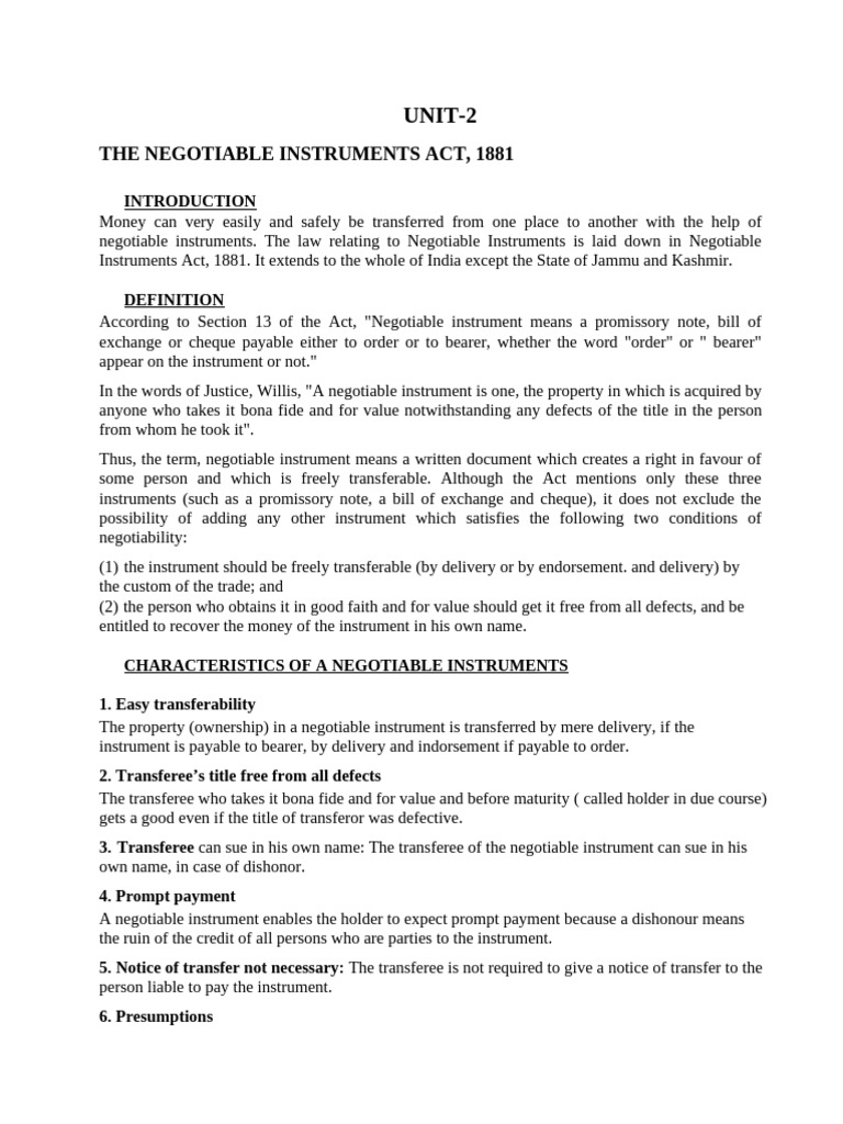 Module -2 Negotiable instrument Act 1881 | PDF | Negotiable Instrument ...