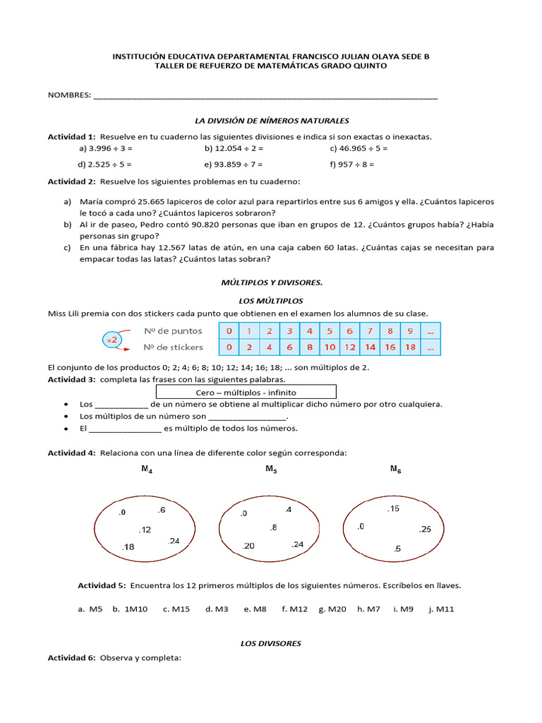 Taller de Matemáticas: División y Fracciones | PDF | Álgebra | Matemáticas