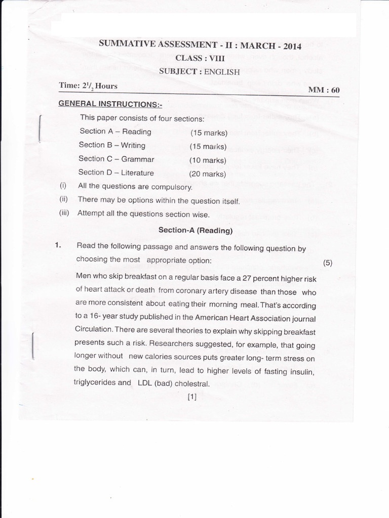 Class VIII English Summative Assessment 2014 | PDF