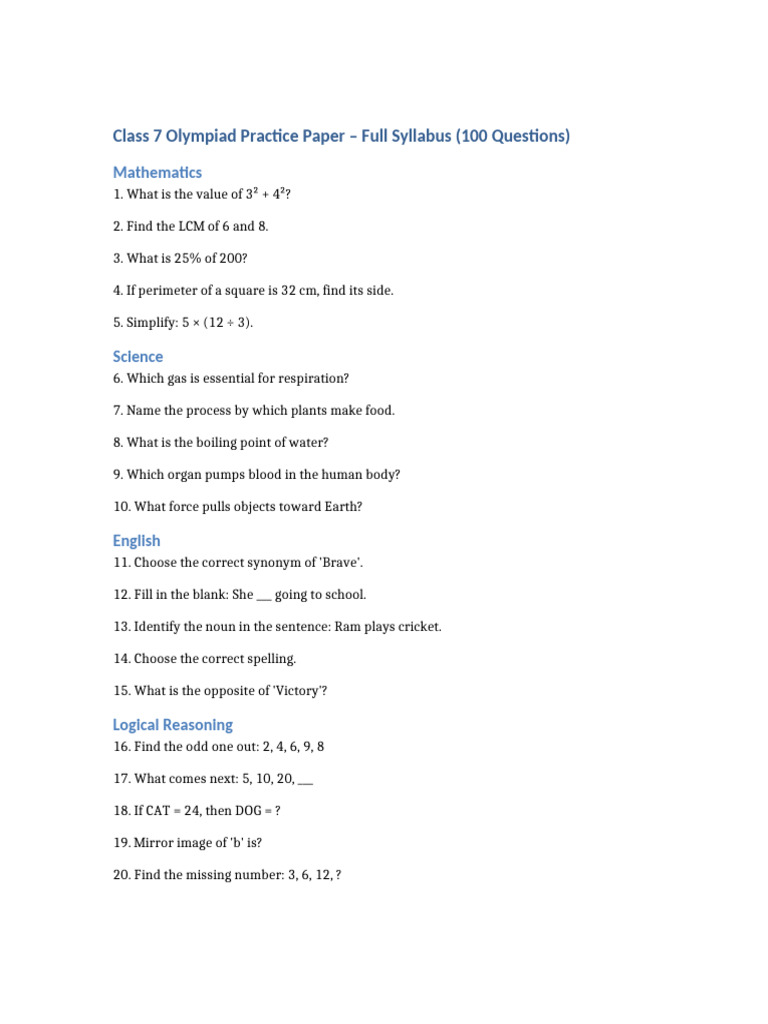 Class 7 Olympiad Practice Paper | PDF
