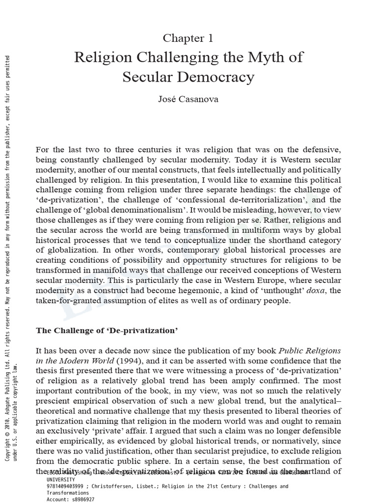 Religion's Challenge to Secular Democracy | PDF | Secularism ...