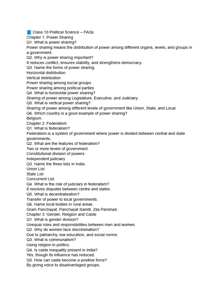 Class 10 Political Science FAQs Guide | PDF | Political Science ...