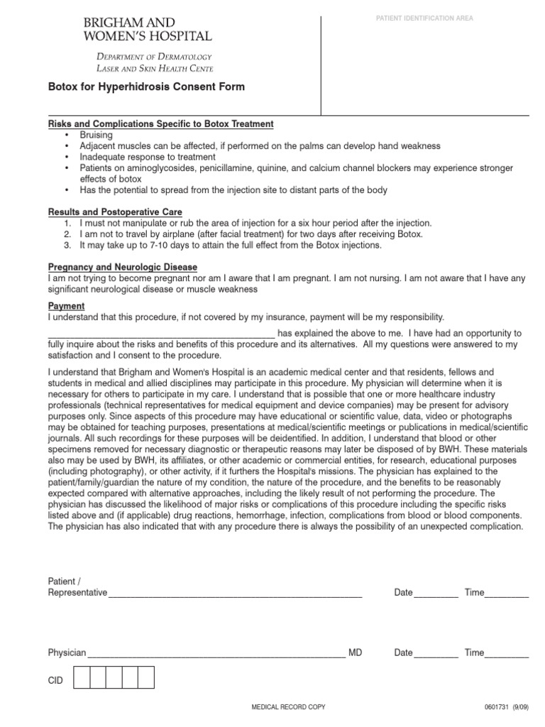Botox for Hyperhidrosis Consent Form | PDF | Botulinum Toxin | Physician