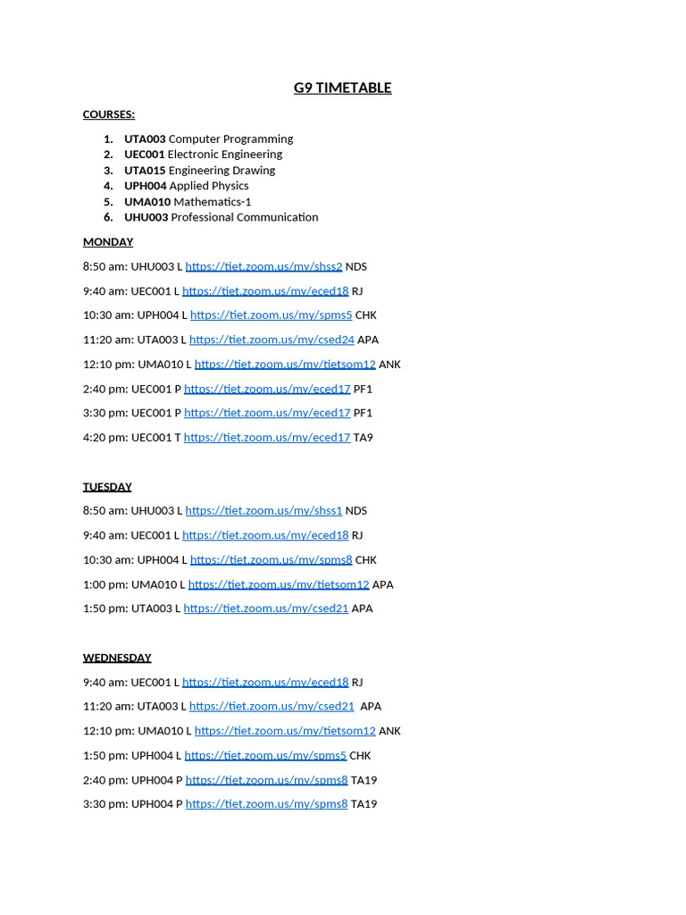 G9 Course Timetable Overview | PDF