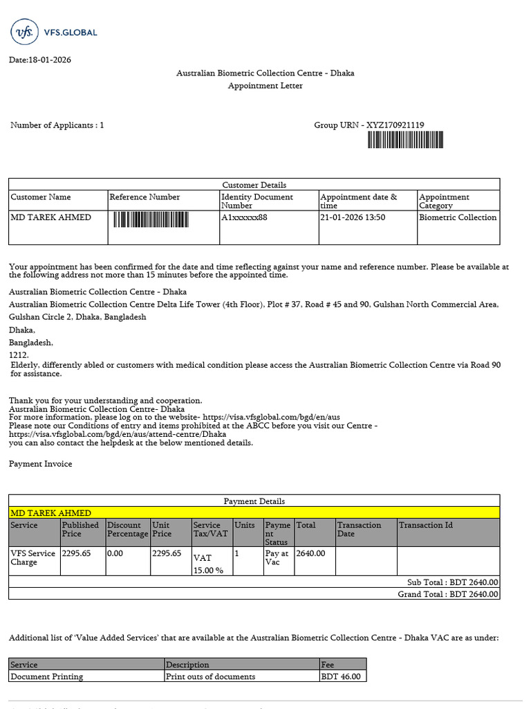 Appointment Confirmation for Biometric Collection | PDF | Payments