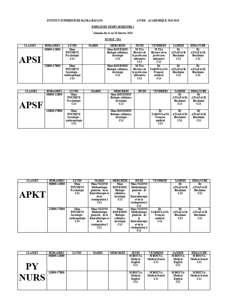 Emploi du temps semestre 1 2025/2026 | PDF | Sciences de la santé ...